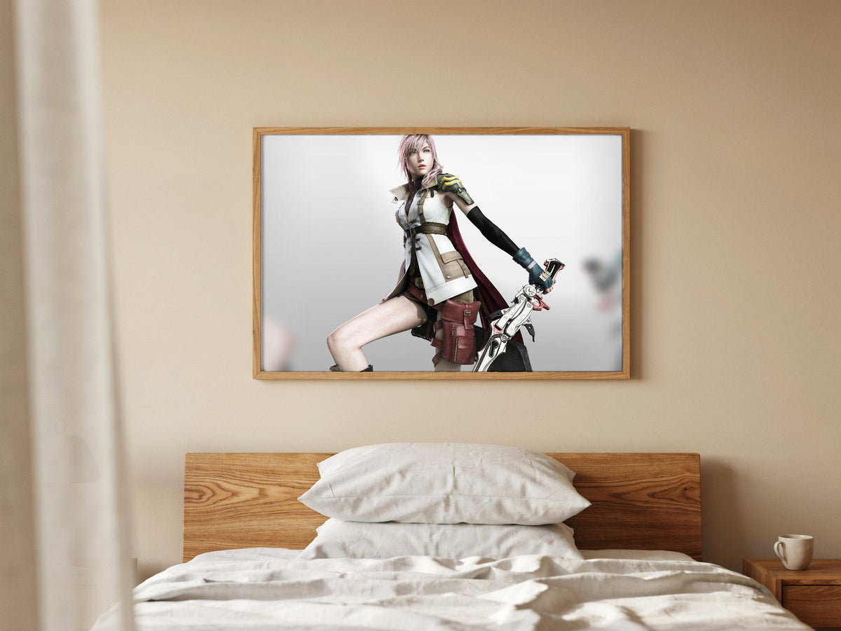 Final Fantasy XIII Lightning Cover Art poster in a natural oak frame above a bed (horizontal)