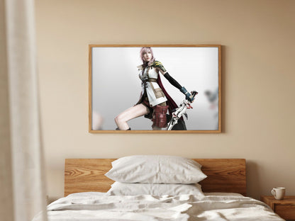 Final Fantasy XIII Lightning Cover Art poster in a natural oak frame above a bed (horizontal)