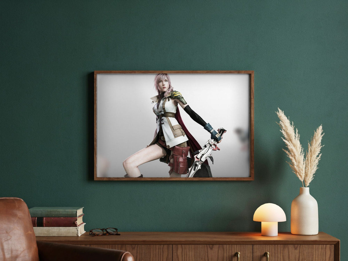 Final Fantasy XIII Lightning Cover Art poster in a dark walnut frame in a green study (horizontal)