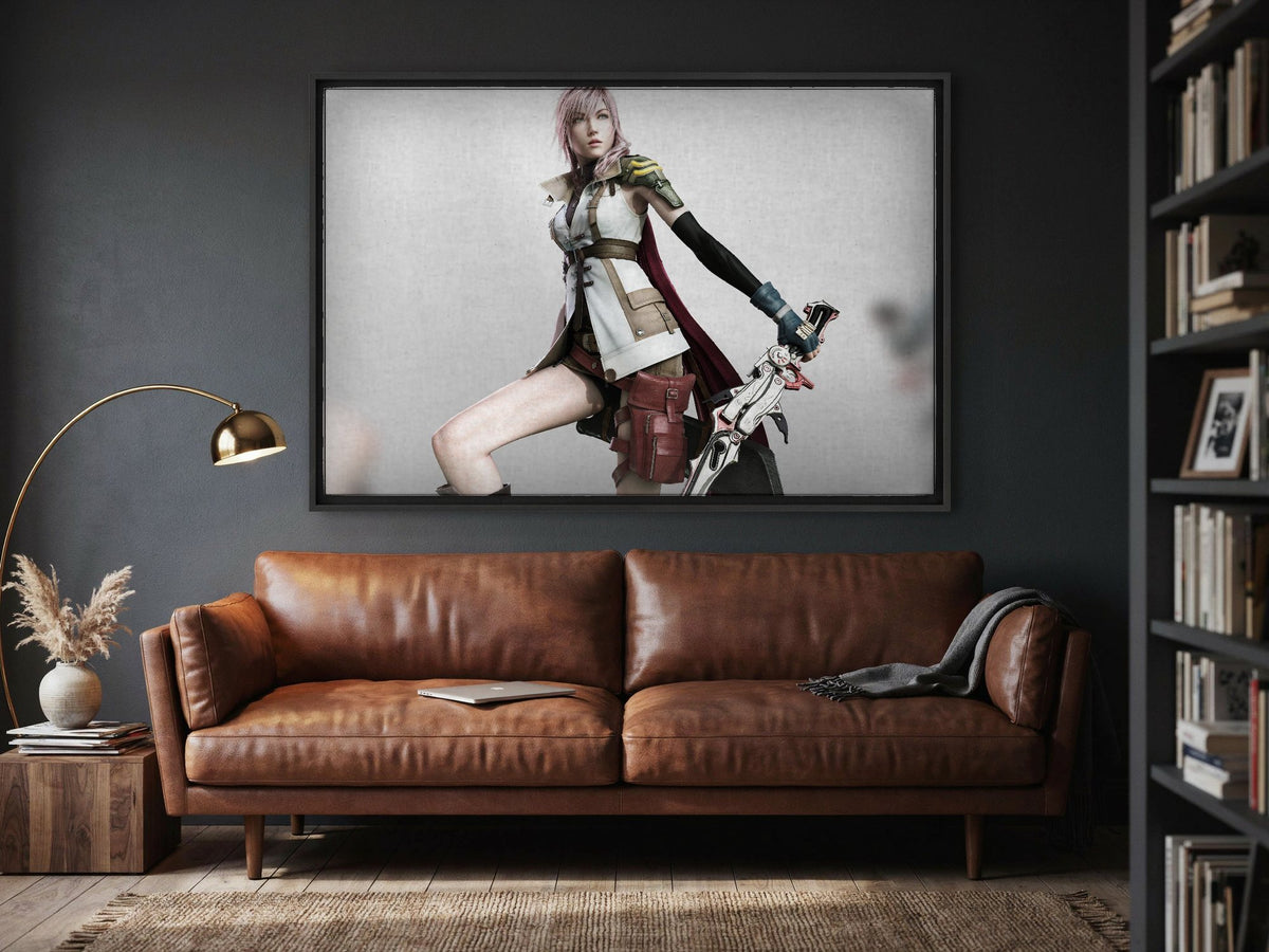 Final Fantasy XIII Lightning Cover Art as a black floater framed canvas in a media room (horizontal)