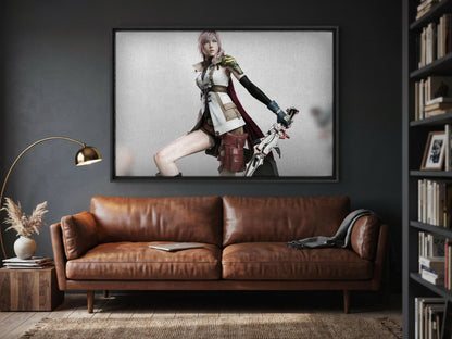 Final Fantasy XIII Lightning Cover Art as a black floater framed canvas in a media room (horizontal)