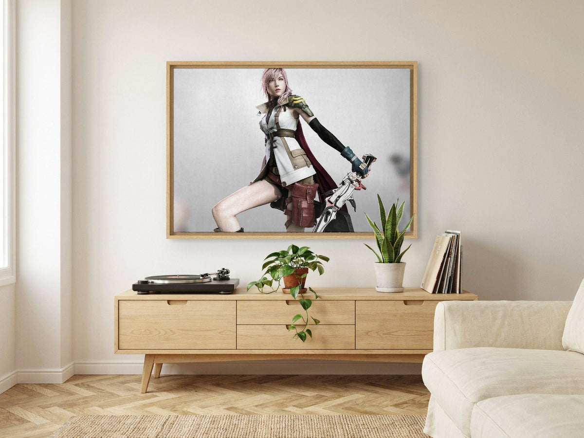 Final Fantasy XIII Lightning Cover Art as an oak floater framed canvas in a Scandinavian lounge (horizontal)