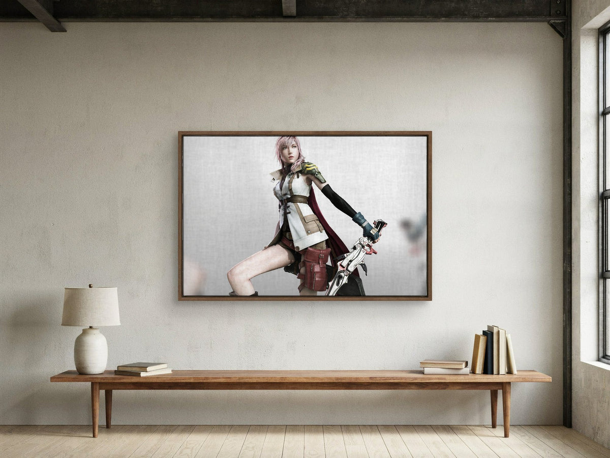 Final Fantasy XIII Lightning Cover Art as a walnut floater framed canvas in a loft (horizontal)