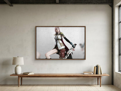 Final Fantasy XIII Lightning Cover Art as a walnut floater framed canvas in a loft (horizontal)