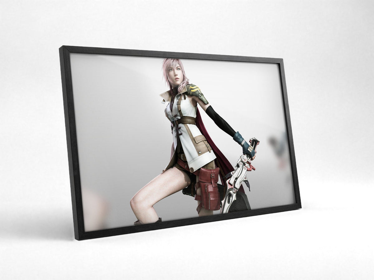 Final Fantasy XIII Lightning Cover Art poster in a black frame with glass leaning against a wall (horizontal)