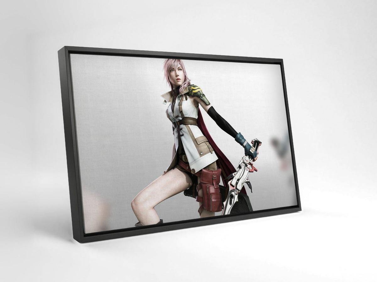 Final Fantasy XIII Lightning Cover Art as a black floater framed canvas leaning against a wall (horizontal)