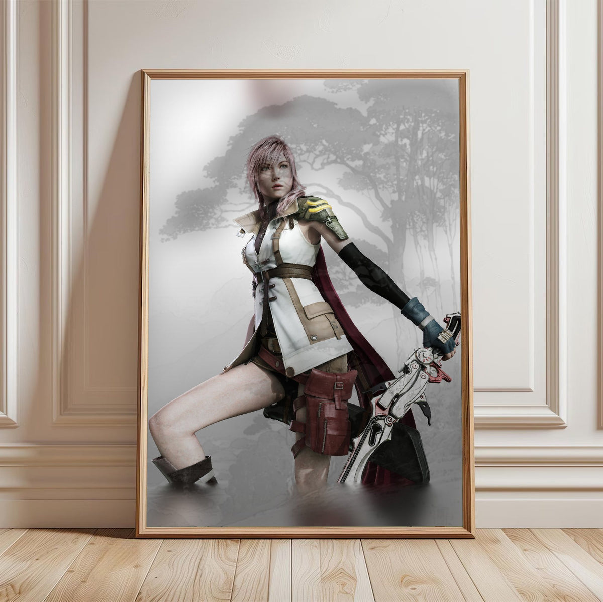 Final Fantasy XIII Lightning Cover Art poster in a light oak frame leaning against a white wall (vertical)