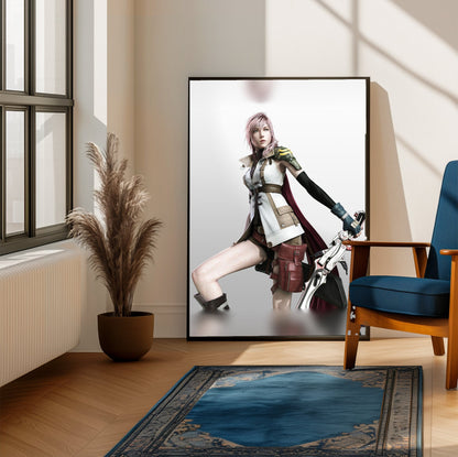 Final Fantasy XIII Lightning Cover Art poster framed beside a blue armchair in a sunlit room (vertical)