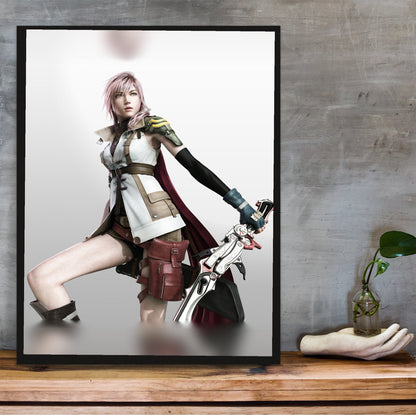 Final Fantasy XIII Lightning Cover Art poster in a black frame on a wooden shelf against concrete (vertical)