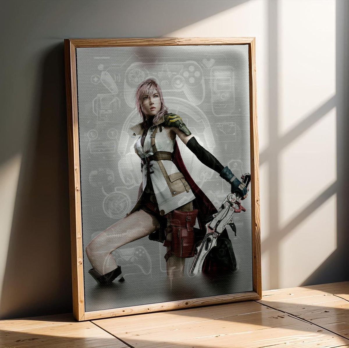 Final Fantasy XIII Lightning Cover Art poster in an oak frame leaning on a wooden floor (vertical)