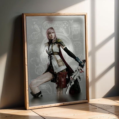 Final Fantasy XIII Lightning Cover Art poster in an oak frame leaning on a wooden floor (vertical)
