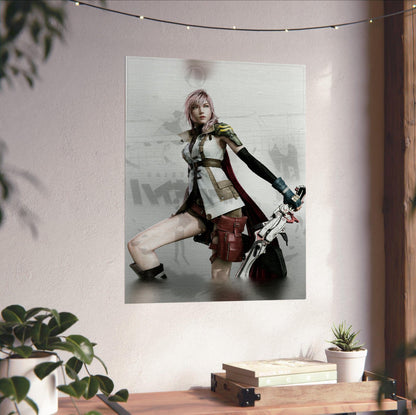 Final Fantasy XIII Lightning Cover Art poster unframed on a white wall above a desk (vertical)