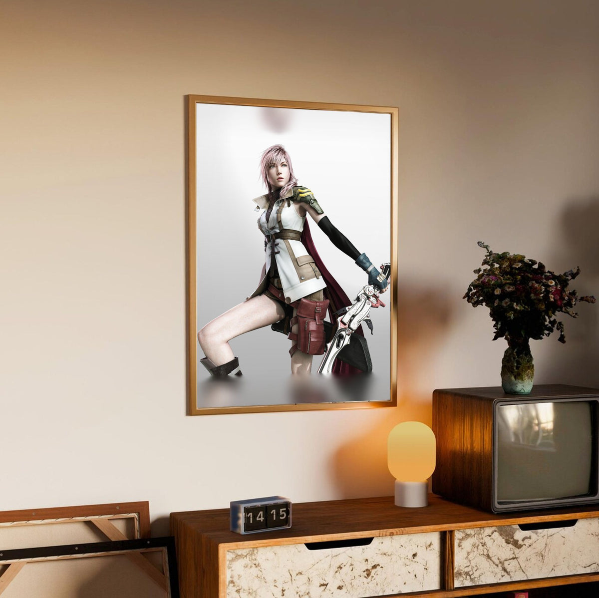 Final Fantasy XIII Lightning Cover Art poster in an oak frame above a sideboard (vertical)