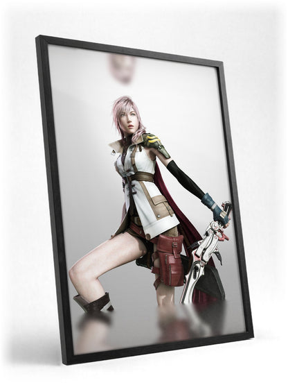 Final Fantasy XIII Lightning Cover Art poster in a black frame with glass leaning against a wall (vertical)