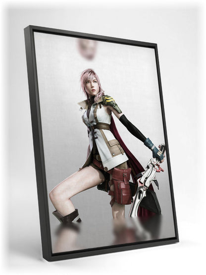 Final Fantasy XIII Lightning Cover Art as a black floater framed canvas leaning against a wall (vertical)