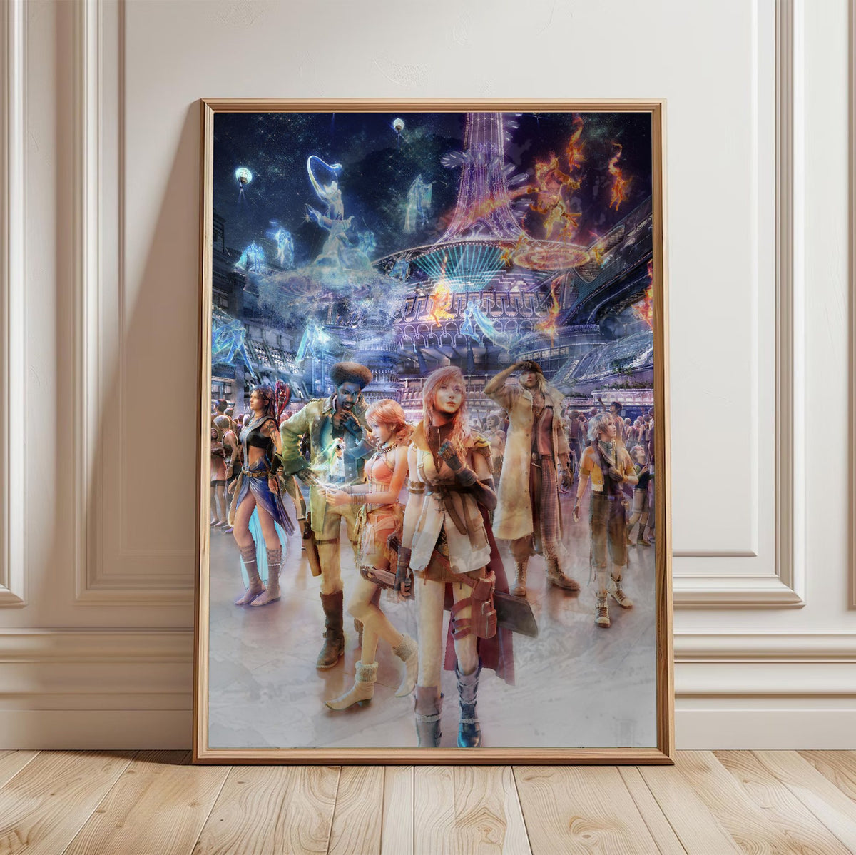 Final Fantasy XIII Nautilus Art poster in a light oak frame leaning against a white wall