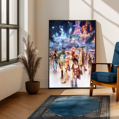 Final Fantasy XIII Nautilus Art poster framed beside a blue armchair in a sunlit room