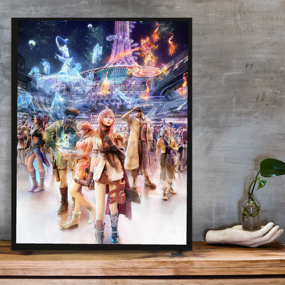 Final Fantasy XIII Nautilus Art poster in a black frame on a wooden shelf against concrete