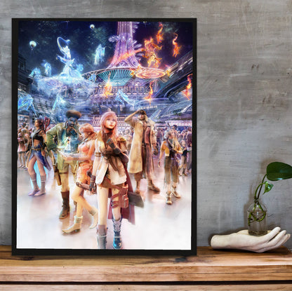 Final Fantasy XIII Nautilus Art poster in a black frame on a wooden shelf against concrete