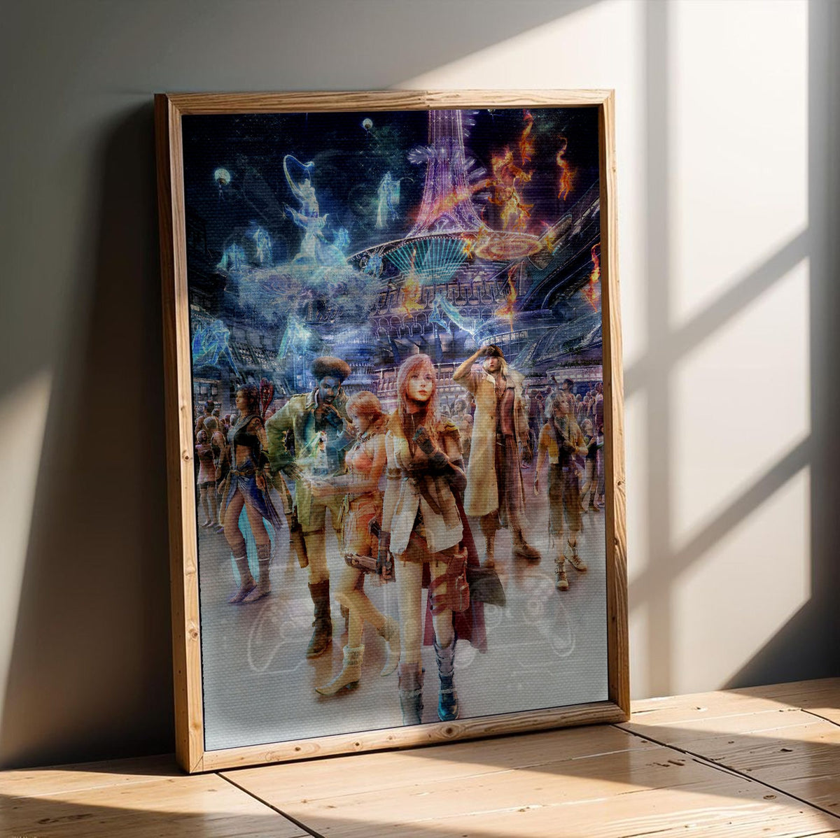 Final Fantasy XIII Nautilus Art poster in an oak frame leaning on a wooden floor