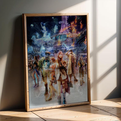 Final Fantasy XIII Nautilus Art poster in an oak frame leaning on a wooden floor