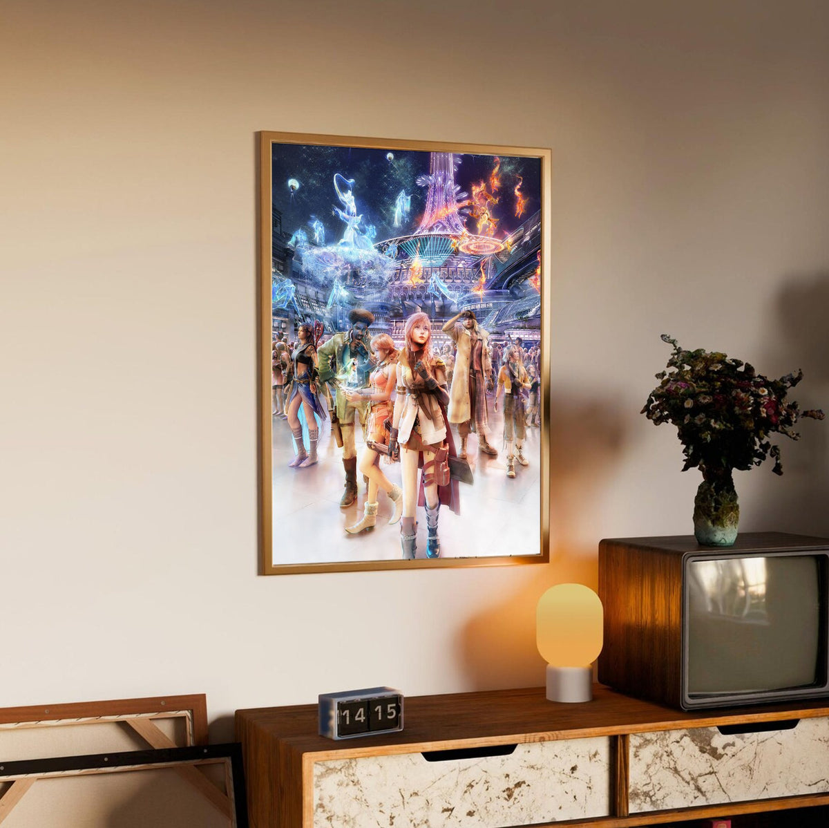 Final Fantasy XIII Nautilus Art poster in an oak frame above a sideboard