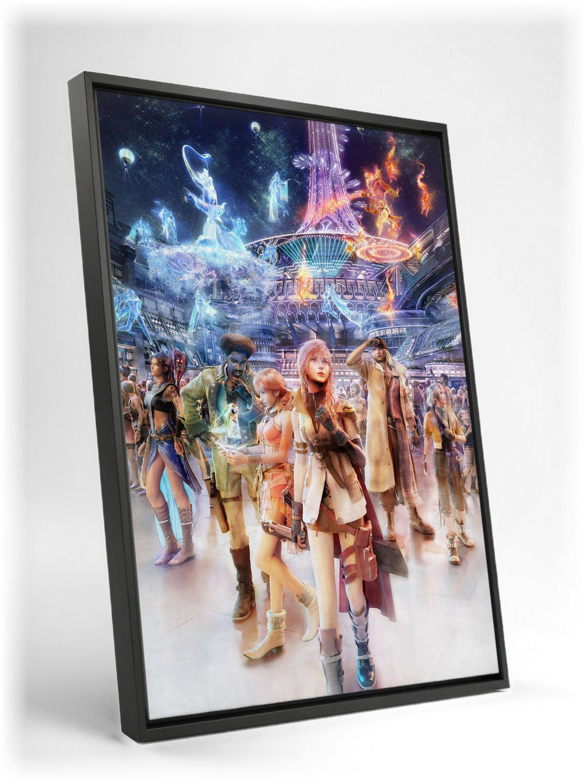 Final Fantasy XIII Nautilus Art as a black floater framed canvas leaning against a wall
