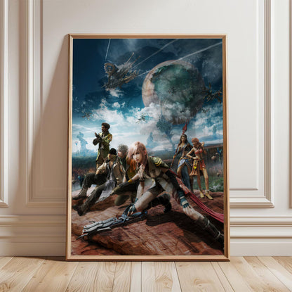Final Fantasy XIII Party Key Art poster in a light oak frame leaning against a white wall