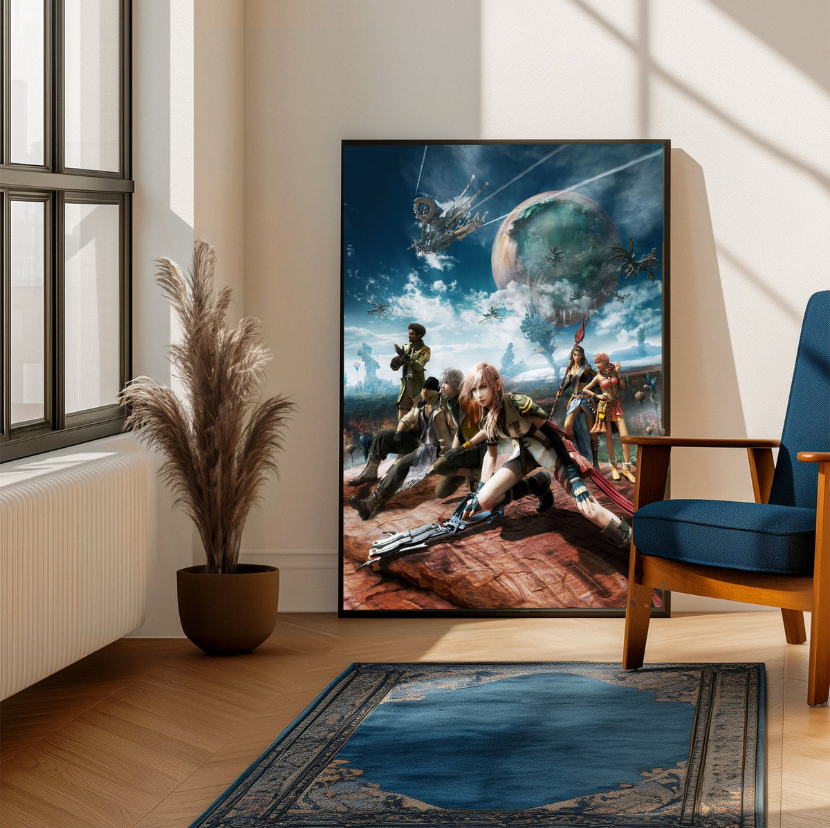 Final Fantasy XIII Party Key Art poster framed beside a blue armchair in a sunlit room
