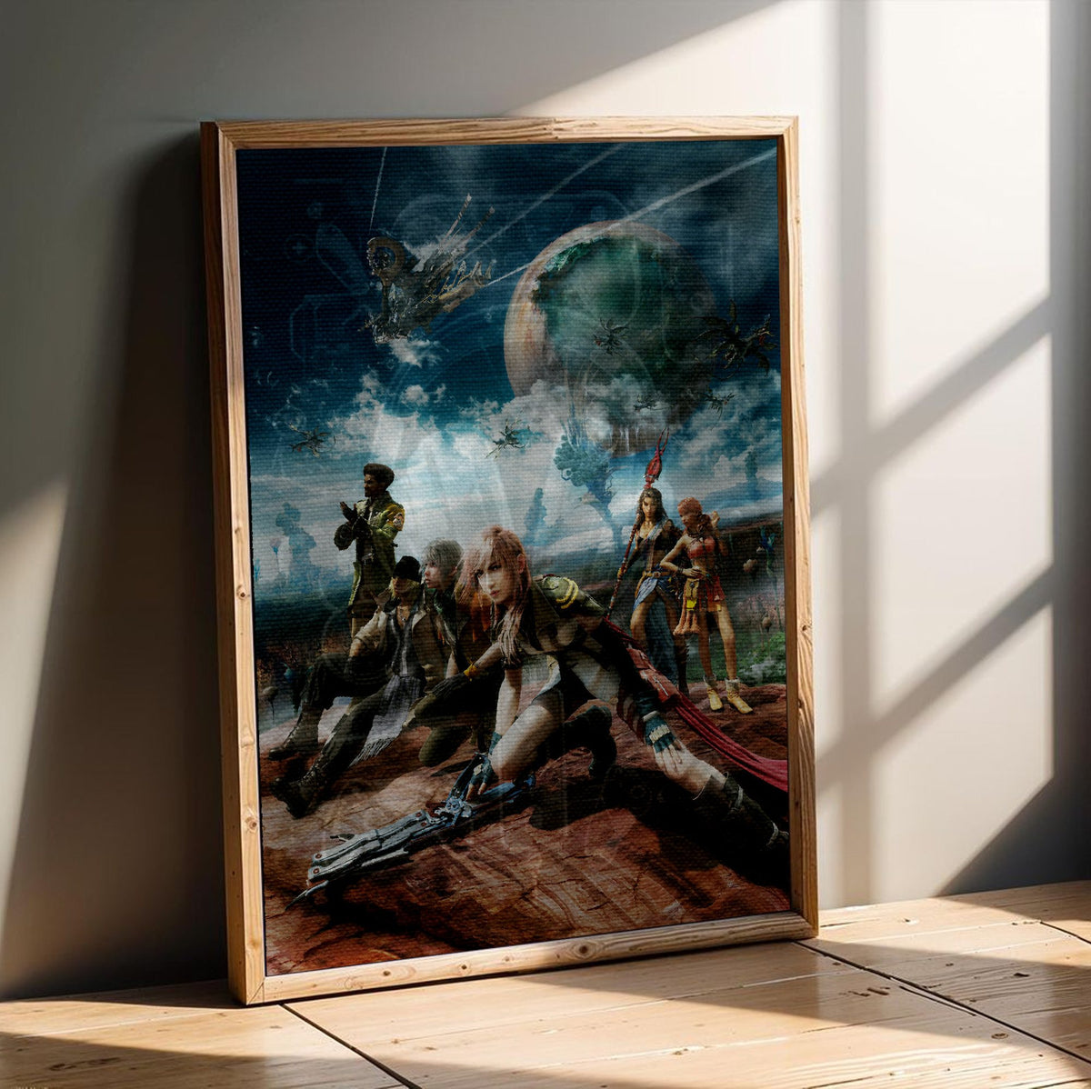Final Fantasy XIII Party Key Art poster in an oak frame leaning on a wooden floor