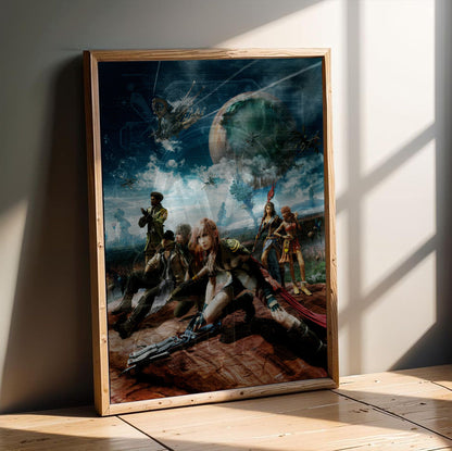 Final Fantasy XIII Party Key Art poster in an oak frame leaning on a wooden floor