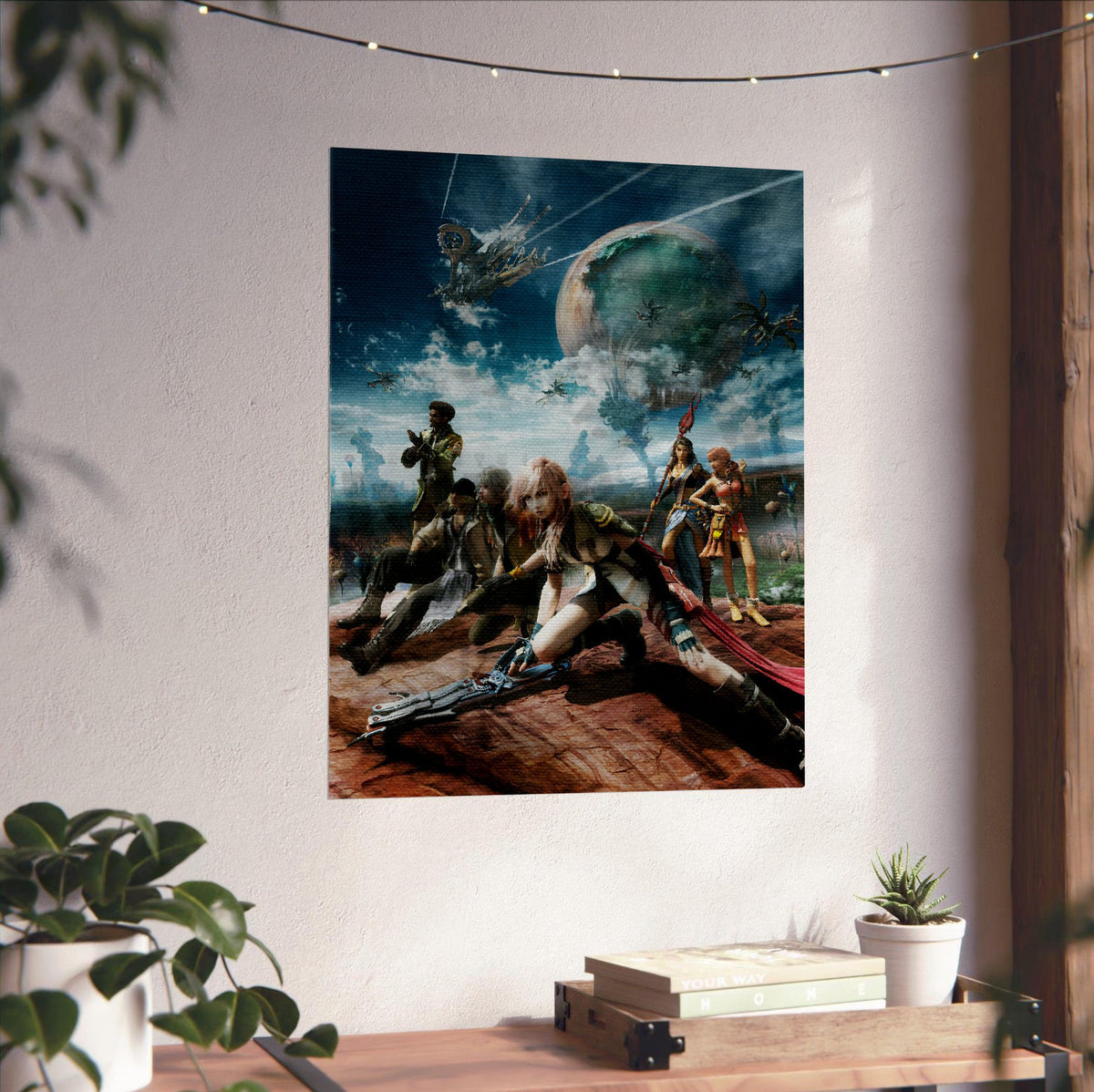 Final Fantasy XIII Party Key Art poster unframed on a white wall above a desk