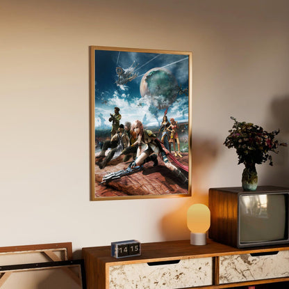 Final Fantasy XIII Party Key Art poster in an oak frame above a sideboard