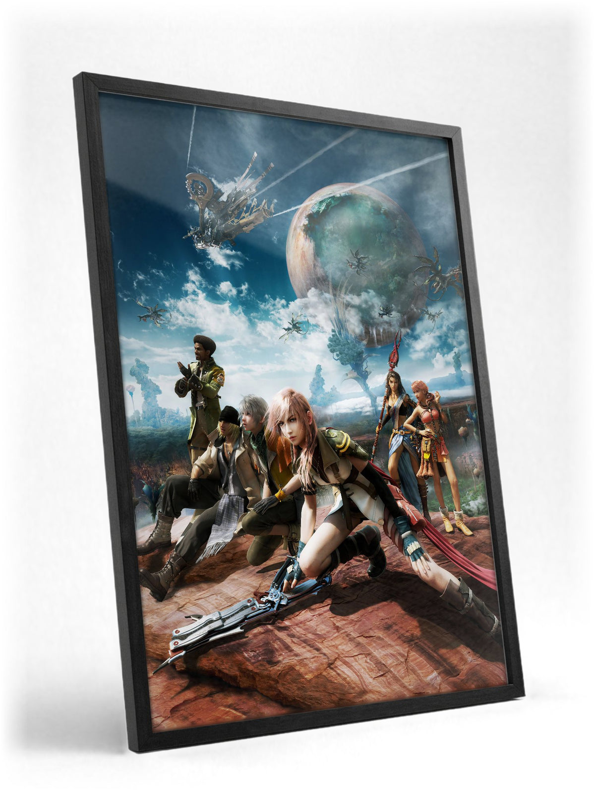 Final Fantasy XIII Party Key Art poster in a black frame with glass leaning against a wall