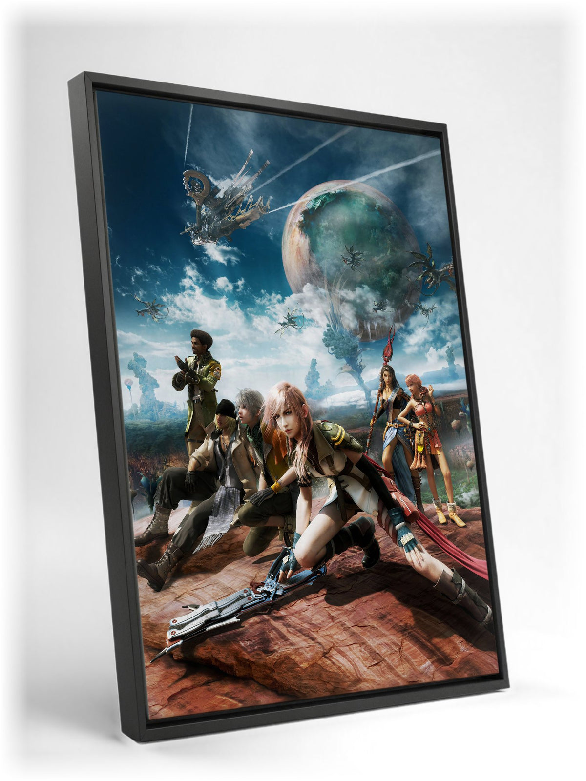 Final Fantasy XIII Party Key Art as a black floater framed canvas leaning against a wall