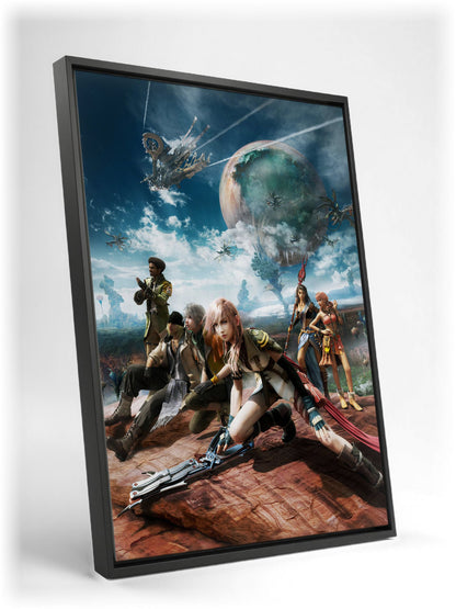 Final Fantasy XIII Party Key Art as a black floater framed canvas leaning against a wall