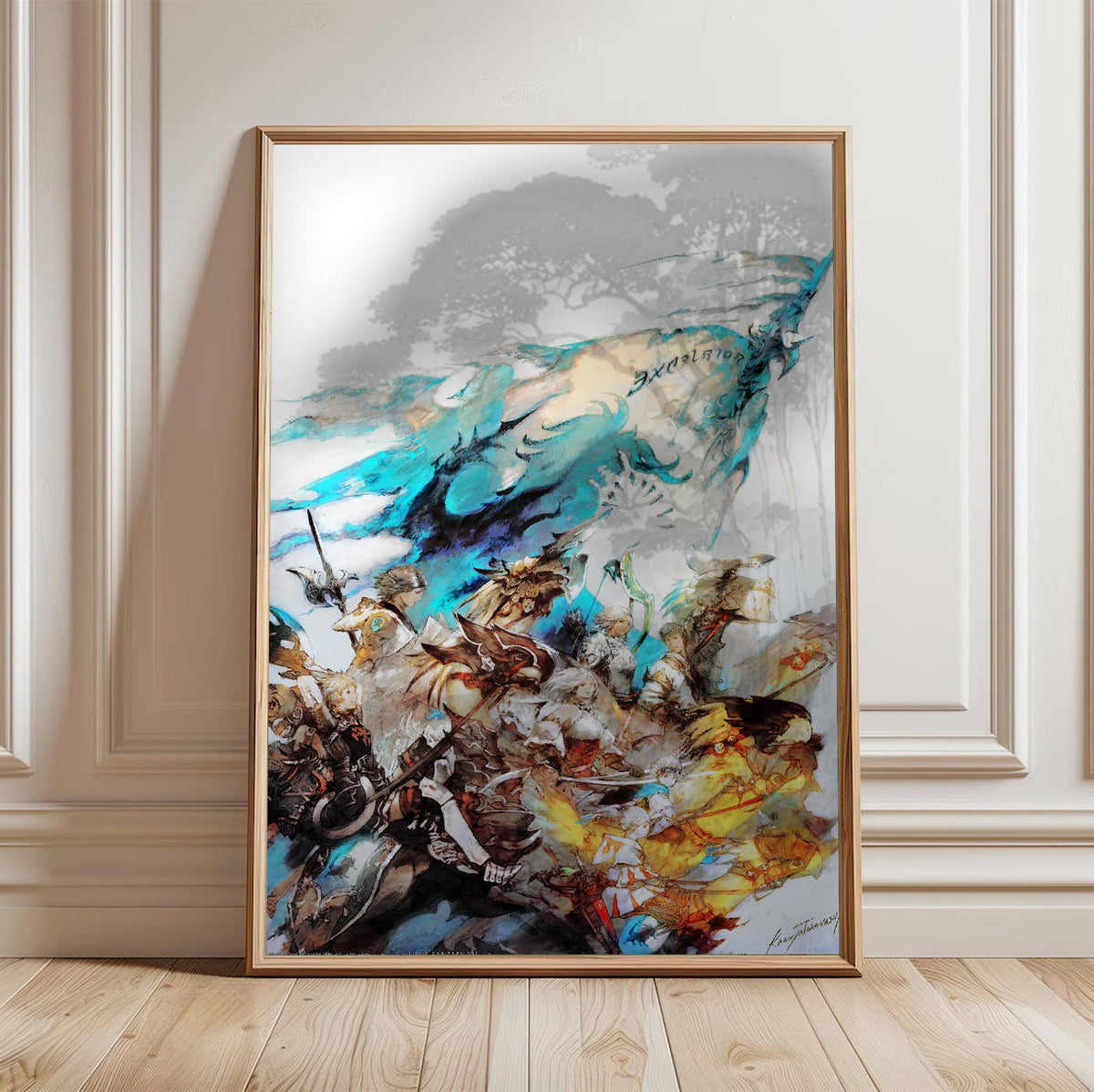 Final Fantasy XIV A Realm Reborn Excelsior Art poster in a light oak frame leaning against a white wall