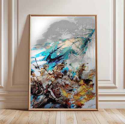 Final Fantasy XIV A Realm Reborn Excelsior Art poster in a light oak frame leaning against a white wall