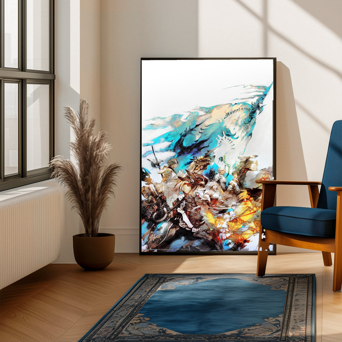 Final Fantasy XIV A Realm Reborn Excelsior Art poster framed beside a blue armchair in a sunlit room