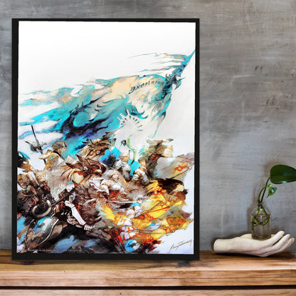 Final Fantasy XIV A Realm Reborn Excelsior Art poster in a black frame on a wooden shelf against concrete