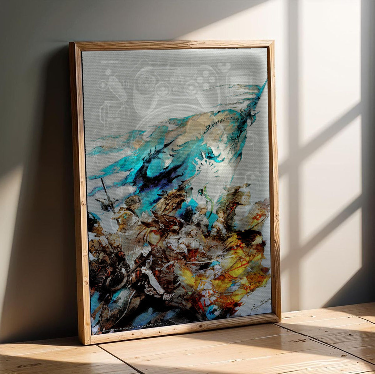 Final Fantasy XIV A Realm Reborn Excelsior Art poster in an oak frame leaning on a wooden floor