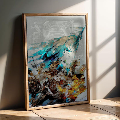 Final Fantasy XIV A Realm Reborn Excelsior Art poster in an oak frame leaning on a wooden floor