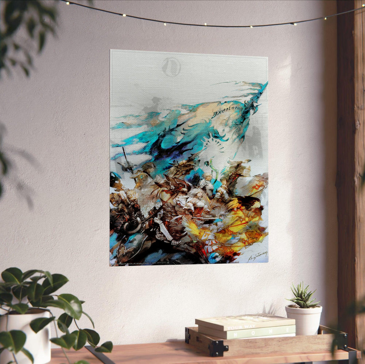 Final Fantasy XIV A Realm Reborn Excelsior Art poster unframed on a white wall above a desk