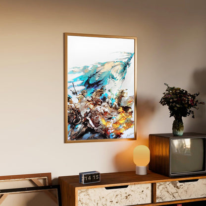 Final Fantasy XIV A Realm Reborn Excelsior Art poster in an oak frame above a sideboard