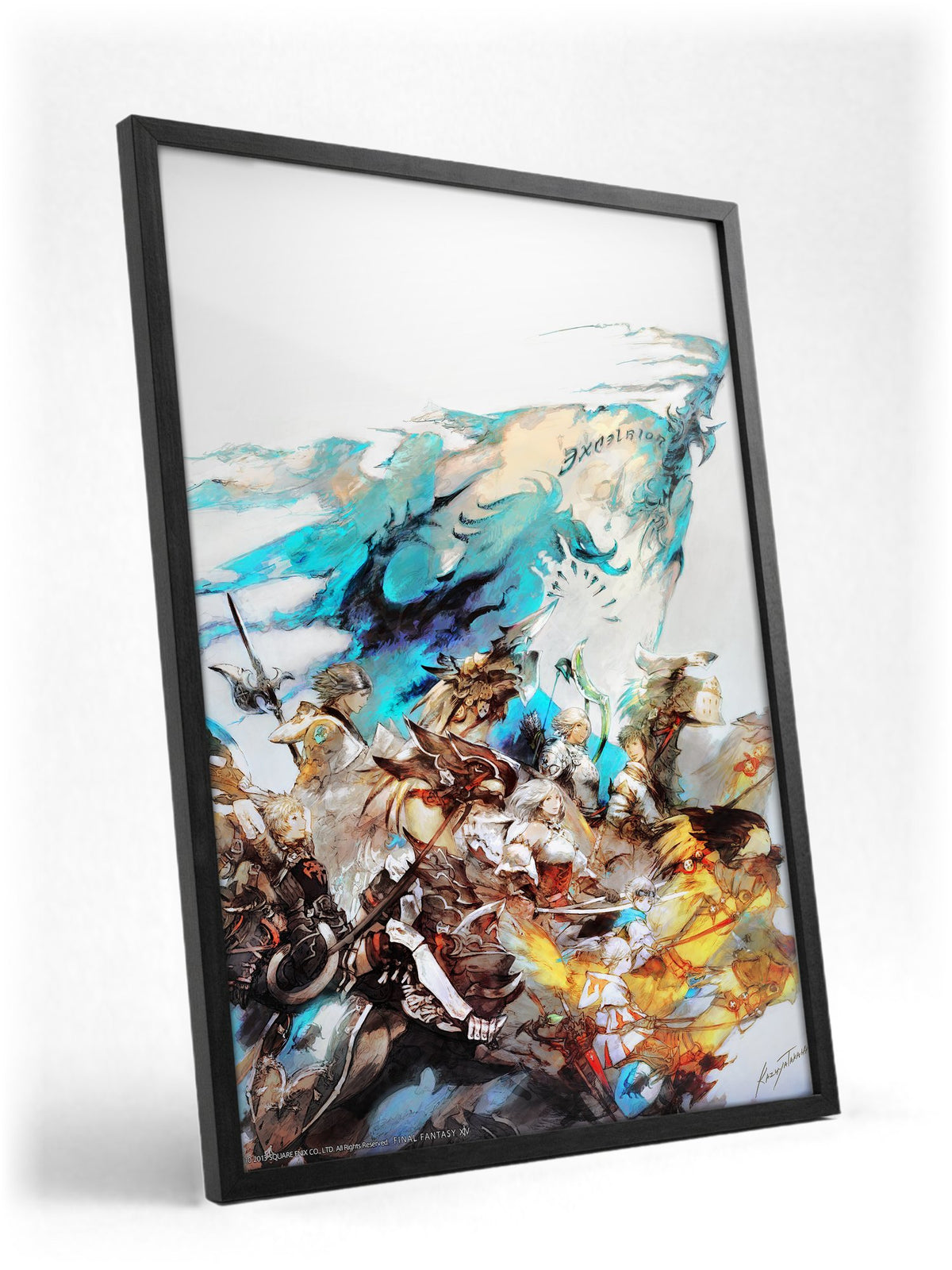 Final Fantasy XIV A Realm Reborn Excelsior Art poster in a black frame with glass leaning against a wall