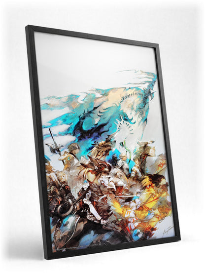 Final Fantasy XIV A Realm Reborn Excelsior Art poster in a black frame with glass leaning against a wall