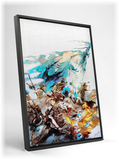Final Fantasy XIV A Realm Reborn Excelsior Art as a black floater framed canvas leaning against a wall