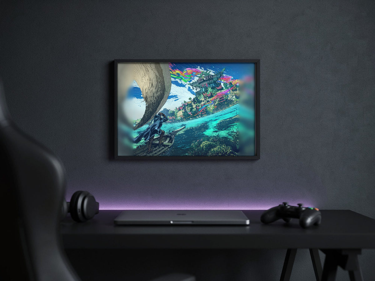 Final Fantasy XIV Dawntrail Vinyl Cover Art poster in a black frame above a gaming desk (horizontal)
