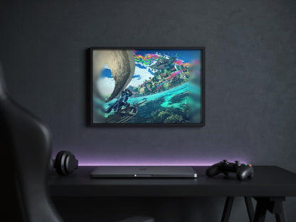 Final Fantasy XIV Dawntrail Vinyl Cover Art poster in a black frame above a gaming desk (horizontal)