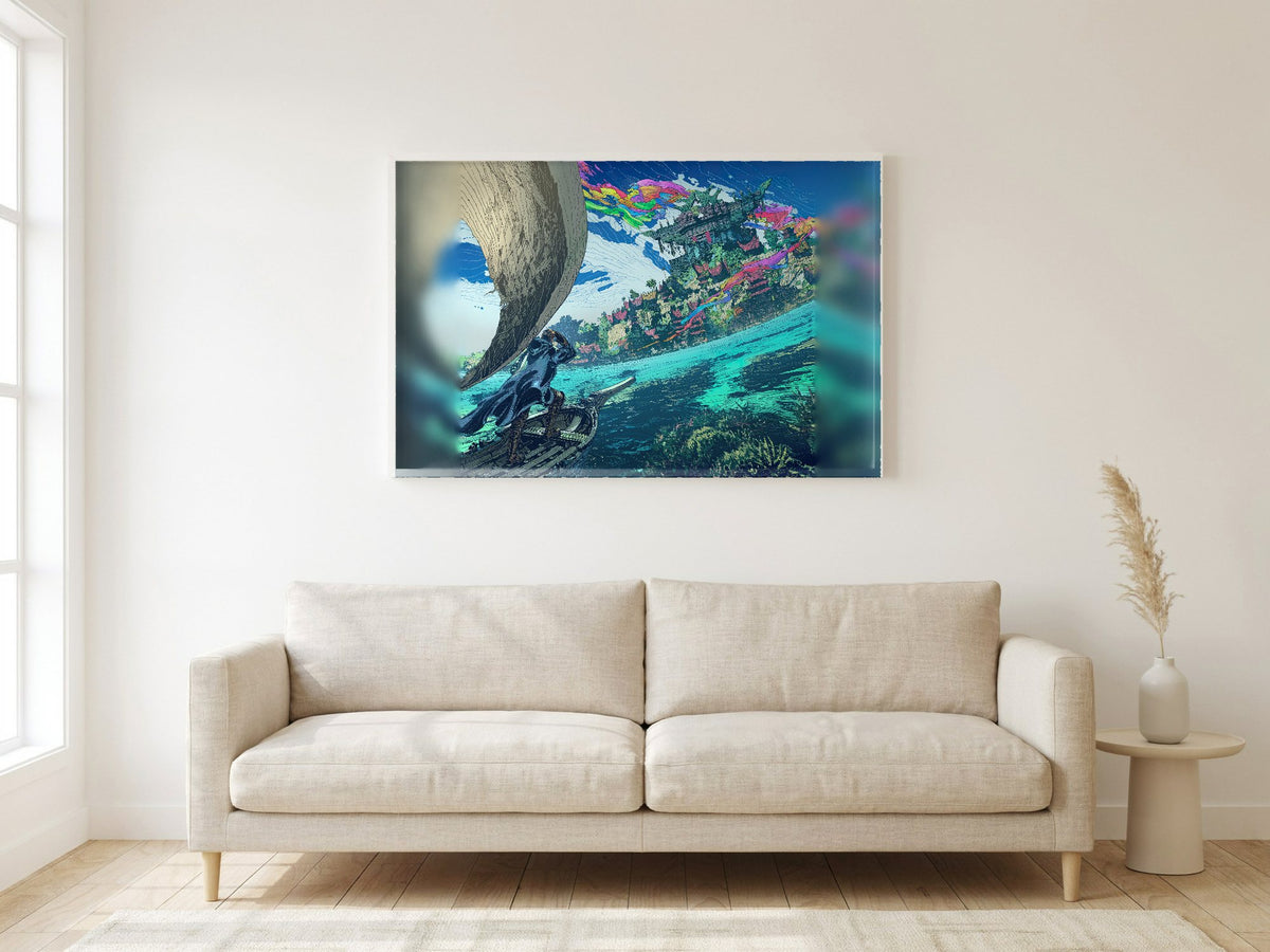 Final Fantasy XIV Dawntrail Vinyl Cover Art poster in a white frame in a living room (horizontal)
